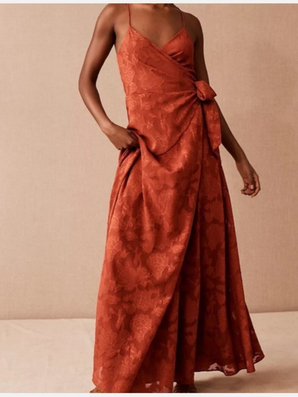 BHLDN Hutch Rust Alden Floral Jacquard Wrap Maxi Dress Tie Waist Lined Size L